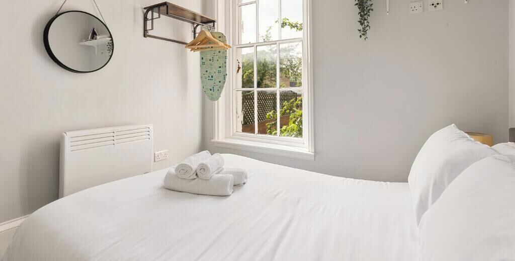 A bedroom with a bed, a window, a radiator, a mirror, and a hanging plant.