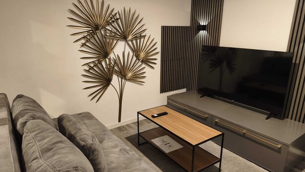 A modern living room with a grey sofa, a wooden coffee table, a large flat-screen TV, and a decorative wall piece. - Top location! Modern 2-room apartment (Aschaffenburg)