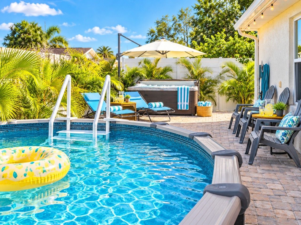 Een zwembad met een jacuzzi, ligbedden en een overdekt terras.