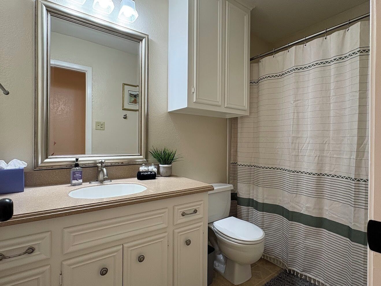 A bathroom with a sink, mirror, cabinet, toilet, and shower curtain.