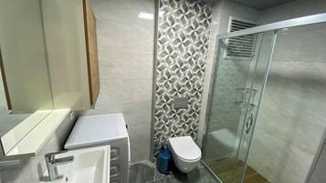 A modern bathroom with a sink, toilet, and glass shower enclosure.