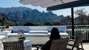 Una terraza con sofá, sillas, una mesa y una planta en maceta.