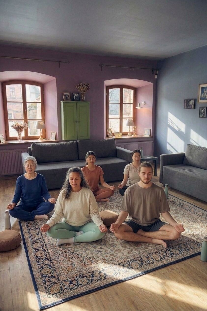 Un grupo de personas meditando en una habitación con un tapete estampado, un armario verde y un sofá gris.
