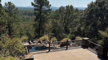 A pool area with a stone deck, surrounded by trees and a stone railing.