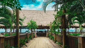 Eine Holzterrasse führt zu einem Gebäude mit Strohdach und Blick aufs Meer.