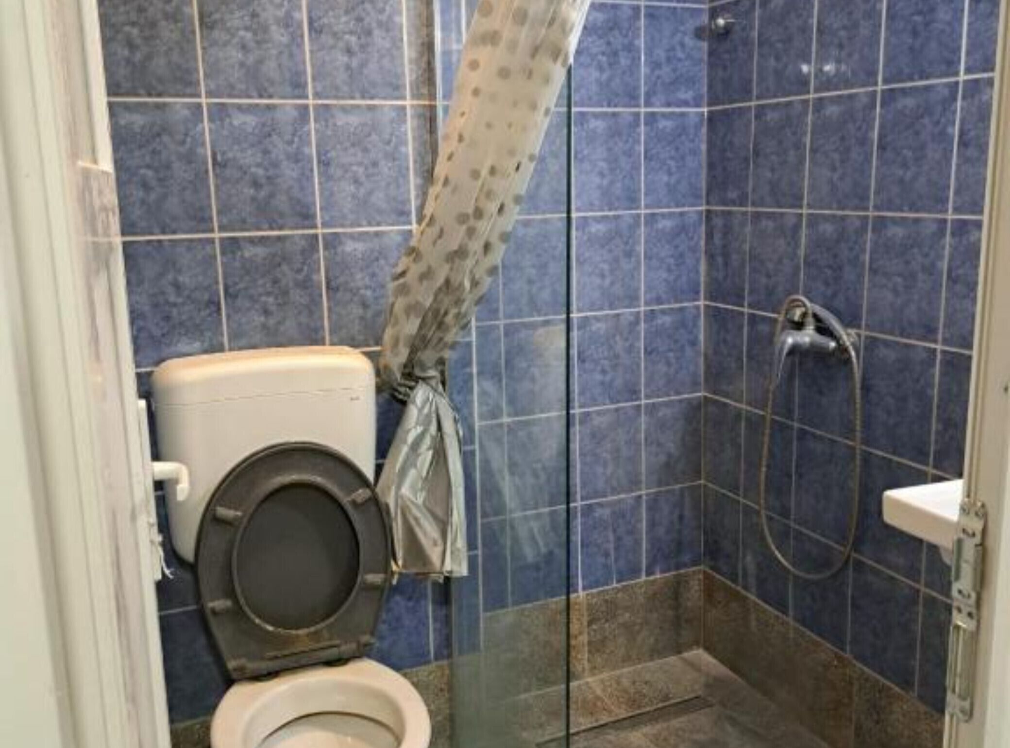 Un baño pequeño con inodoro, ducha y paredes de azulejos azules.