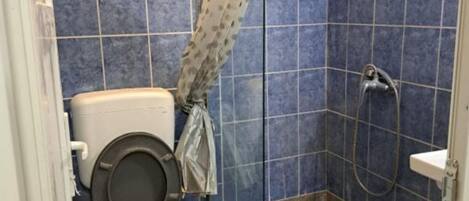 Un baño pequeño con inodoro, ducha y paredes de azulejos azules.