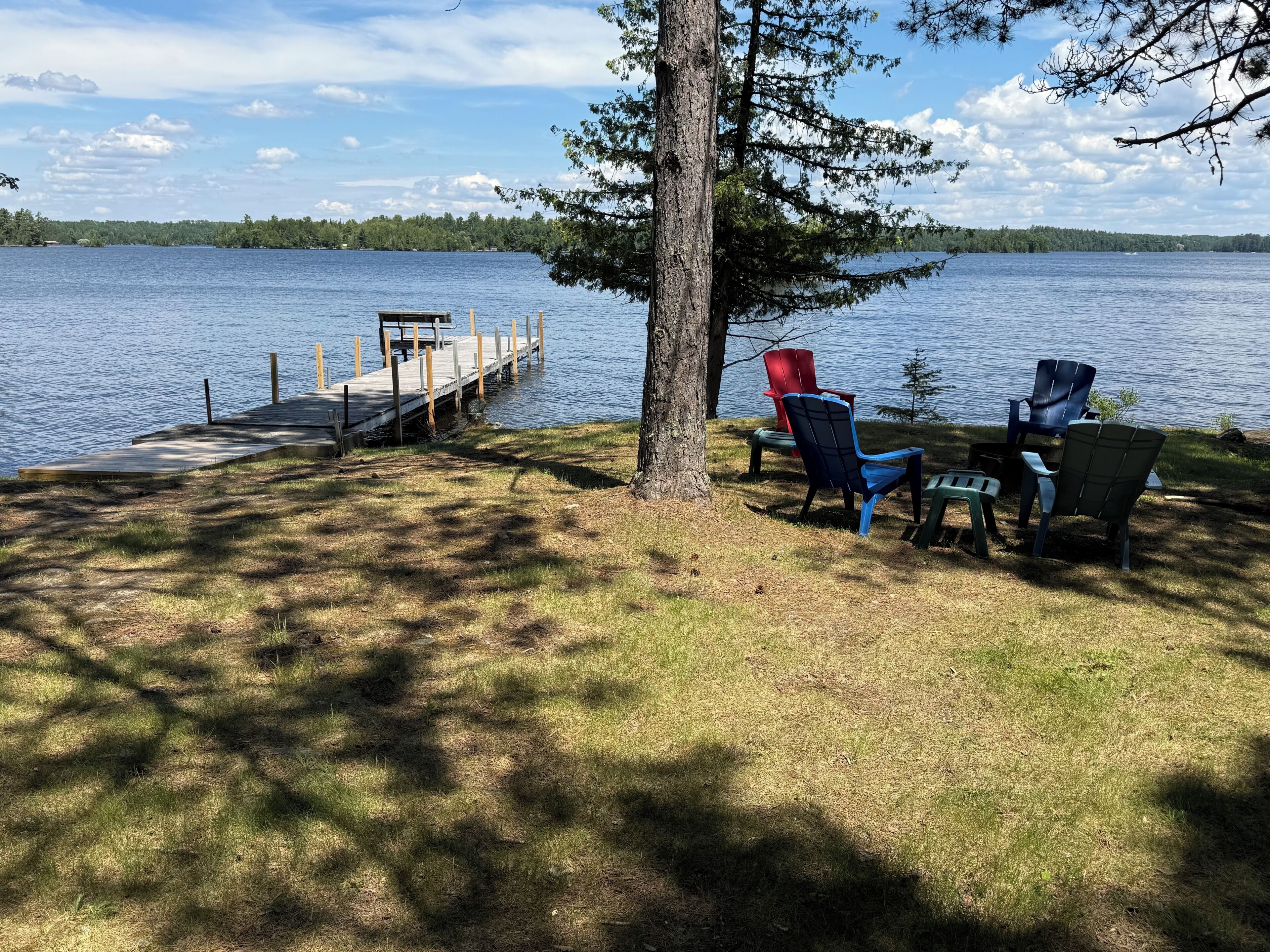 A lakeside setting with a dock, chairs, and a tree.