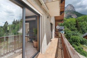 A balcony with a view of a mountain, a potted plant, and a satellite dish.
