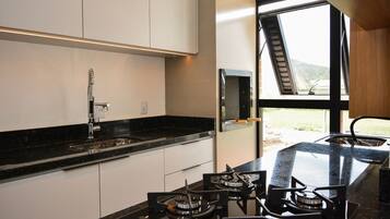 Een moderne keuken met een gasfornuis, een spoelbak en een raam met uitzicht op de omgeving.