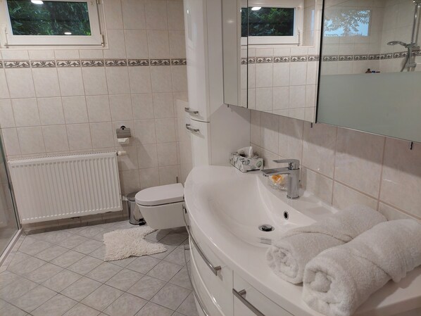 Un baño con inodoro, lavabo, espejo y ducha.