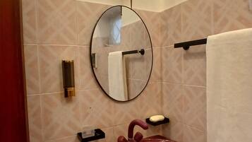Hair dryer, towels, soap, toilet paper
