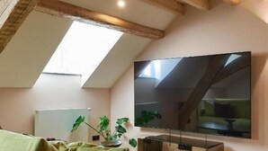 A loft-style room with a sloped ceiling, a large flat-screen TV mounted on the wall, a green sofa, and a wooden floor.
