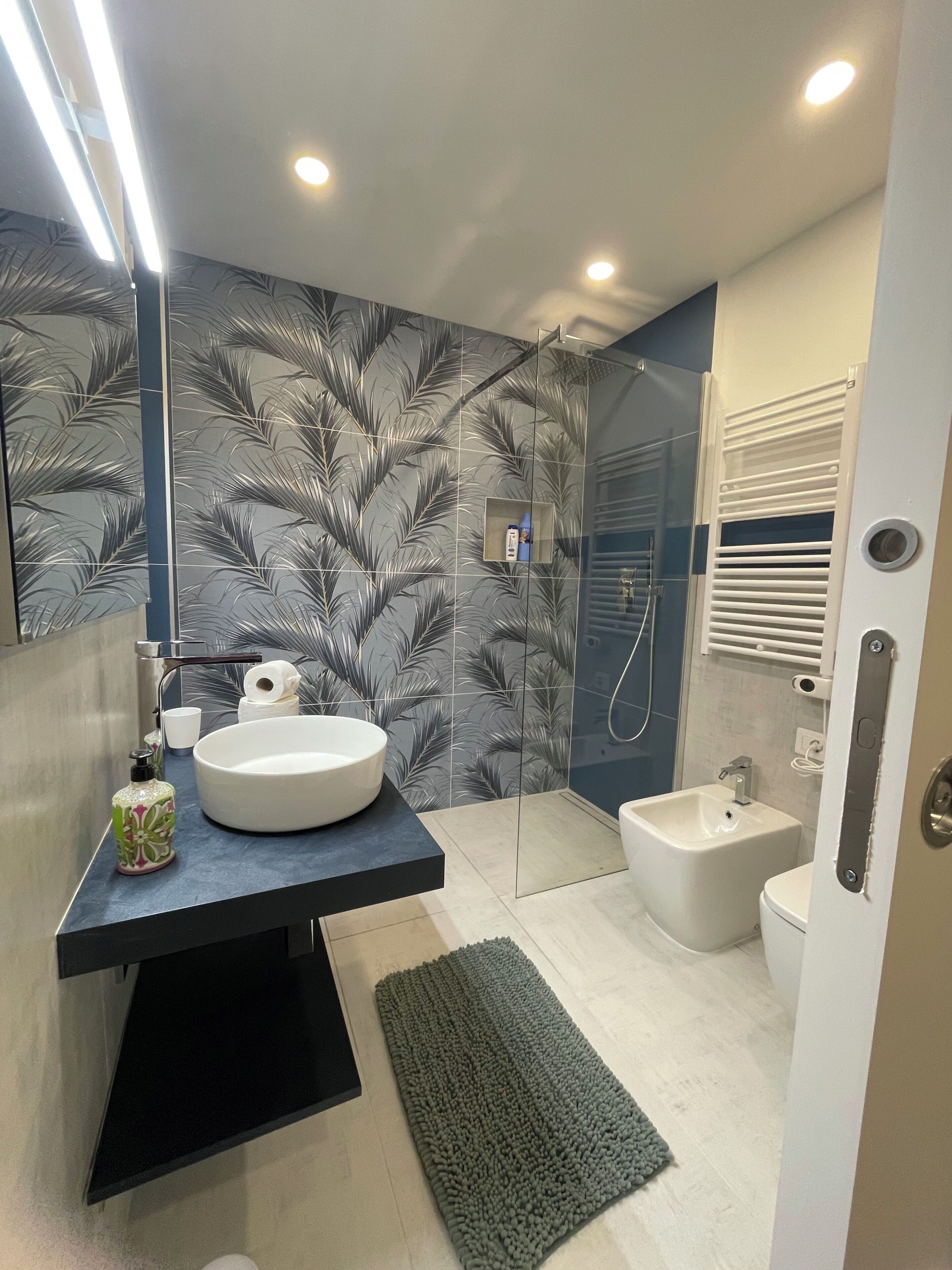 Hair dryer, bidet, towels, soap