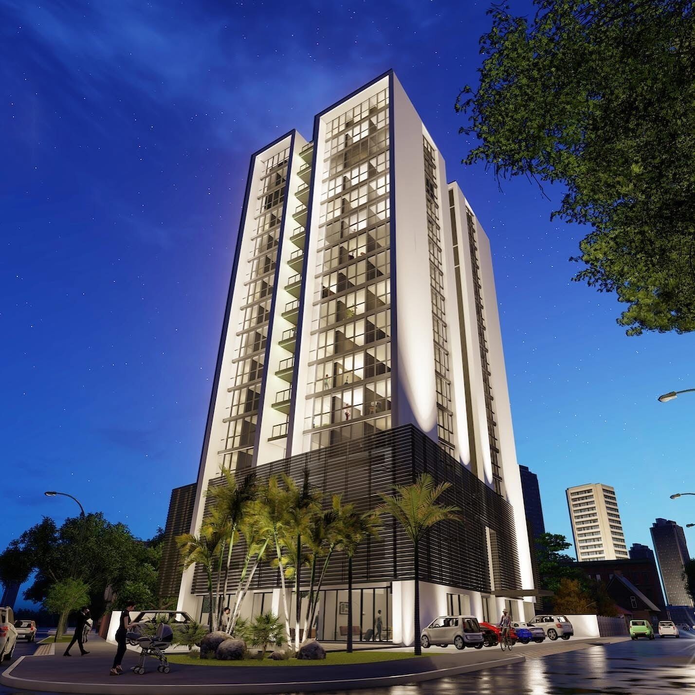 A modern high-rise building with multiple floors, large windows, and a flat roof.
