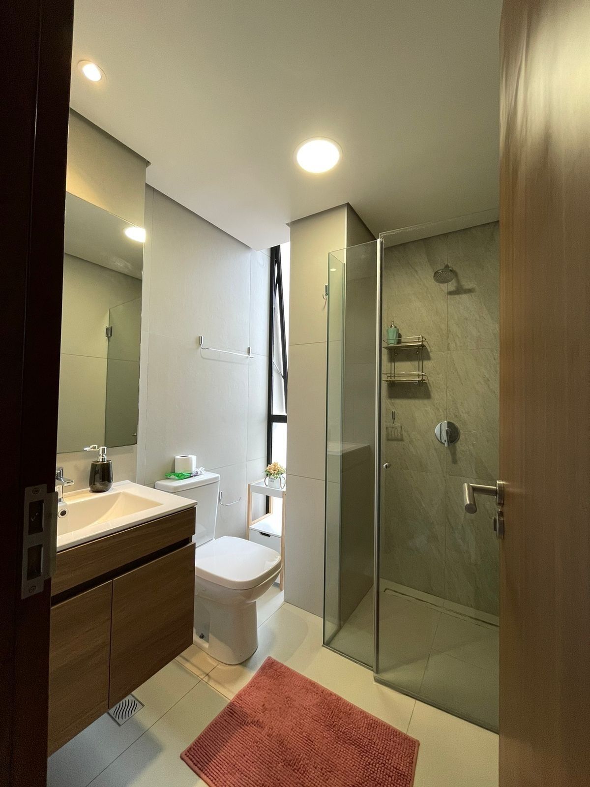 Shower, towels, soap, toilet paper