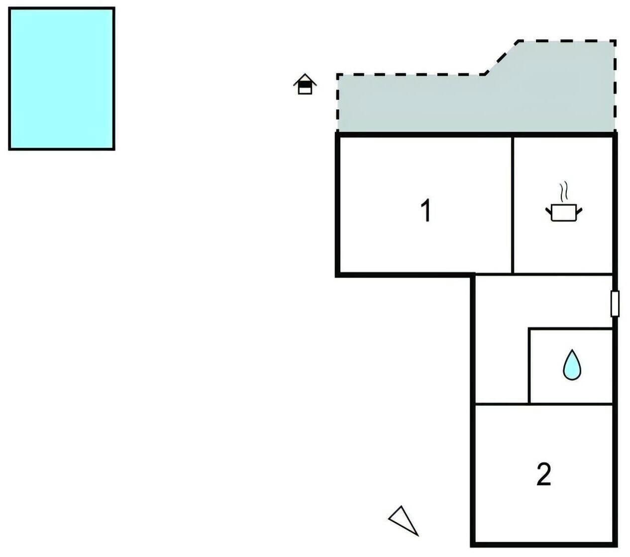 Planta de um quarto de hotel com banheiro, chuveiro e vaso sanitário.