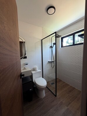 Secadora de cabello, toallas, jabón, papel de baño 