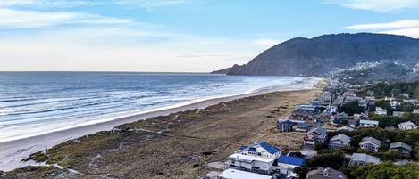 A coastal residential area with houses, a beach, and a mountain.