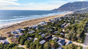A coastal residential area with houses, a beach, and a forested hill.