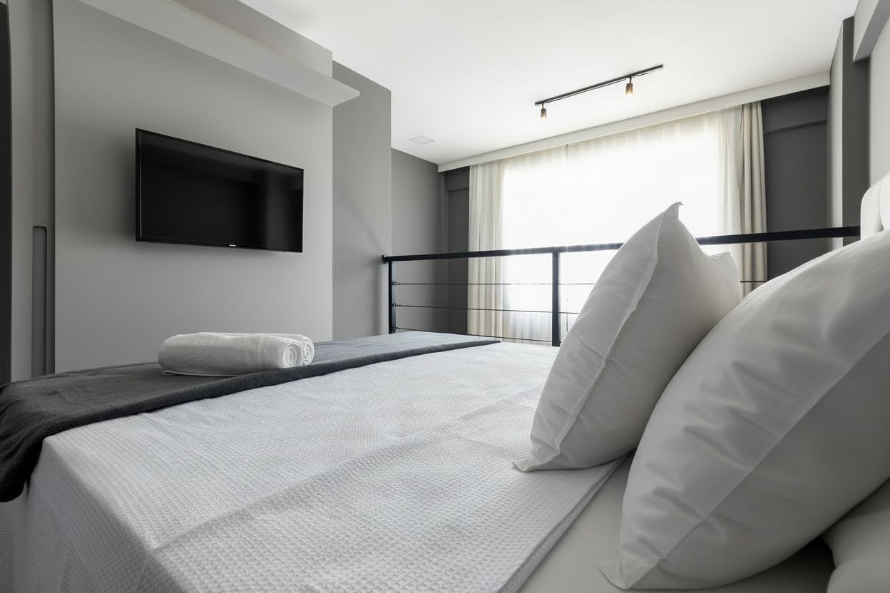 Una habitación de hotel moderna con una cama, un televisor de pantalla plana en la pared, una ventana con cortinas y una barandilla de balcón.