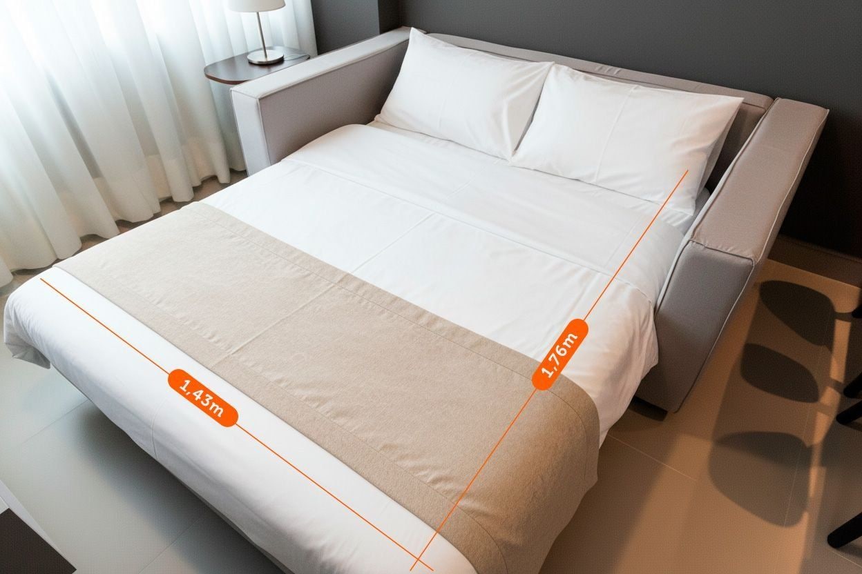 Een net opgemaakt bed met een wit en beige dekbedovertrek, een nachtkastje met een lamp en een raam met gordijnen.