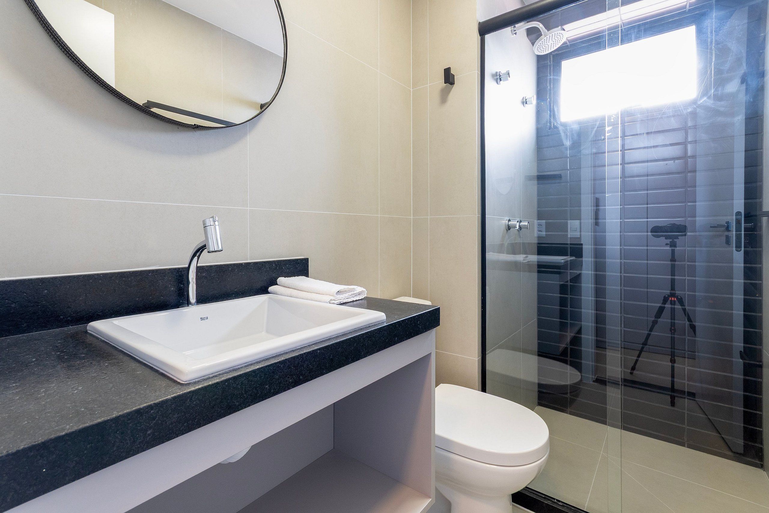 A modern bathroom with a white sink, a toilet, and a glass-enclosed shower area.