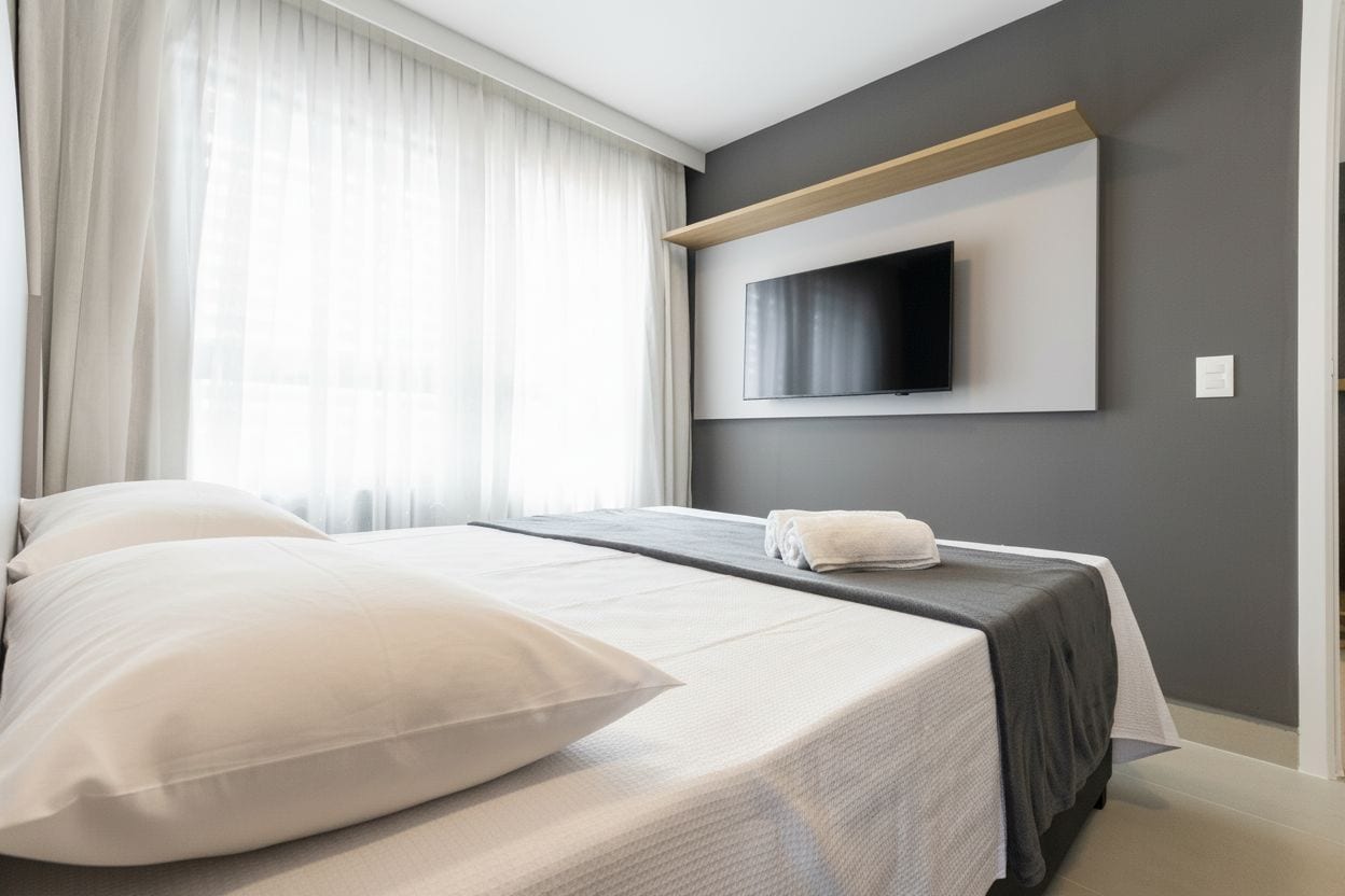 A modern hotel room with a bed, a flat-screen TV mounted on the wall, and a window with sheer curtains.