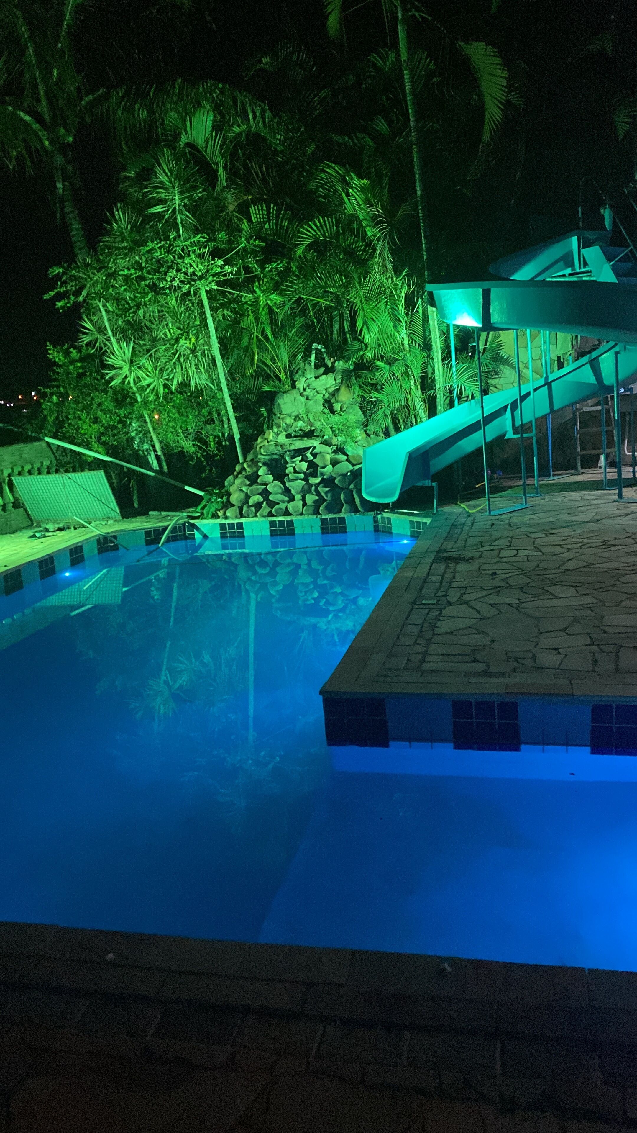 A nighttime swimming pool with a slide, surrounded by palm trees and a stone wall.