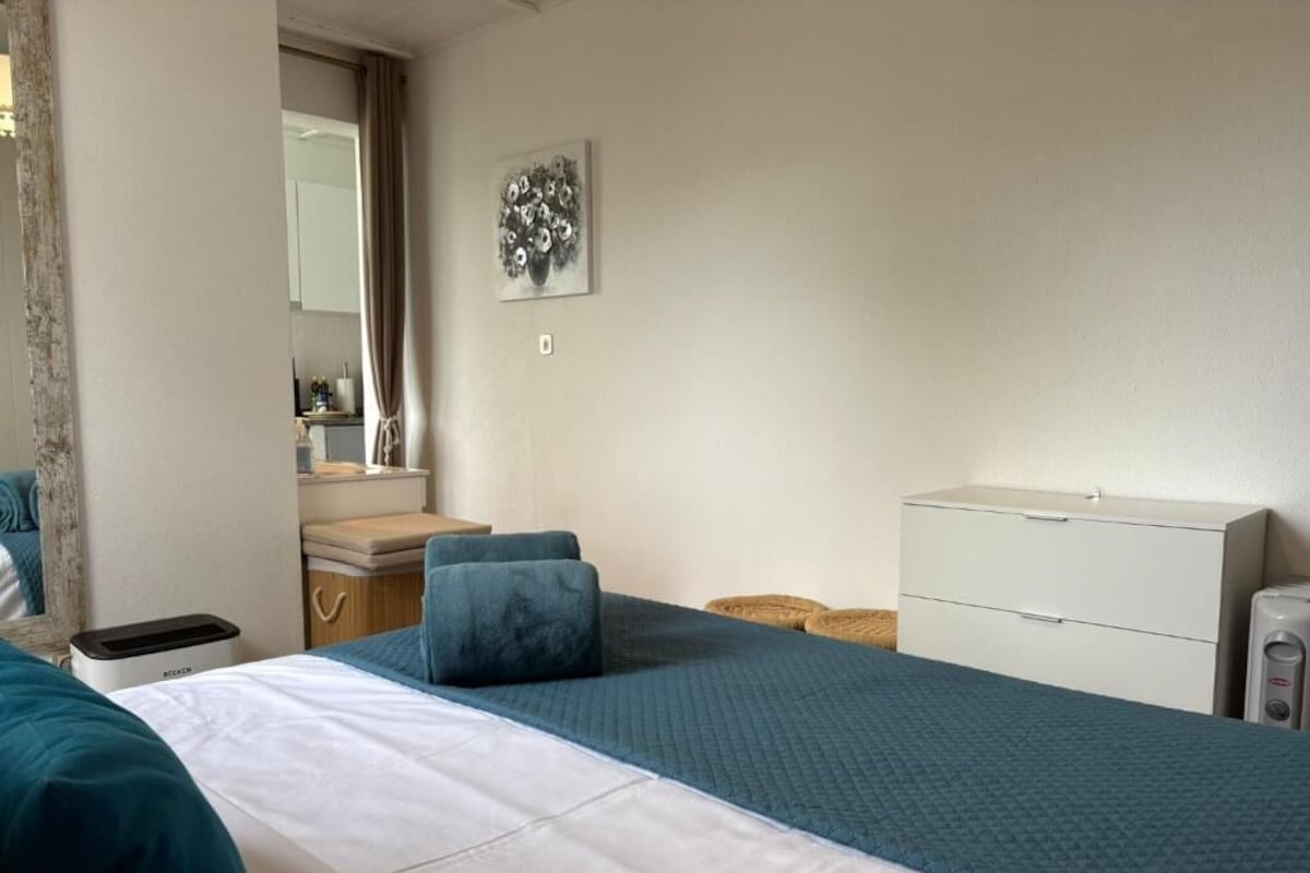 Un dormitorio con cama, cómoda, espejo y un cuadro en la pared.