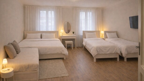 A hotel room with two beds, a bedside table with a lamp, a small desk with a mirror, and a TV mounted on the wall. - Morning in Prague – Cozy Entire Home for 15, 1 min to Tram, 4 Rooms & 2 Kitchens (Praha2)