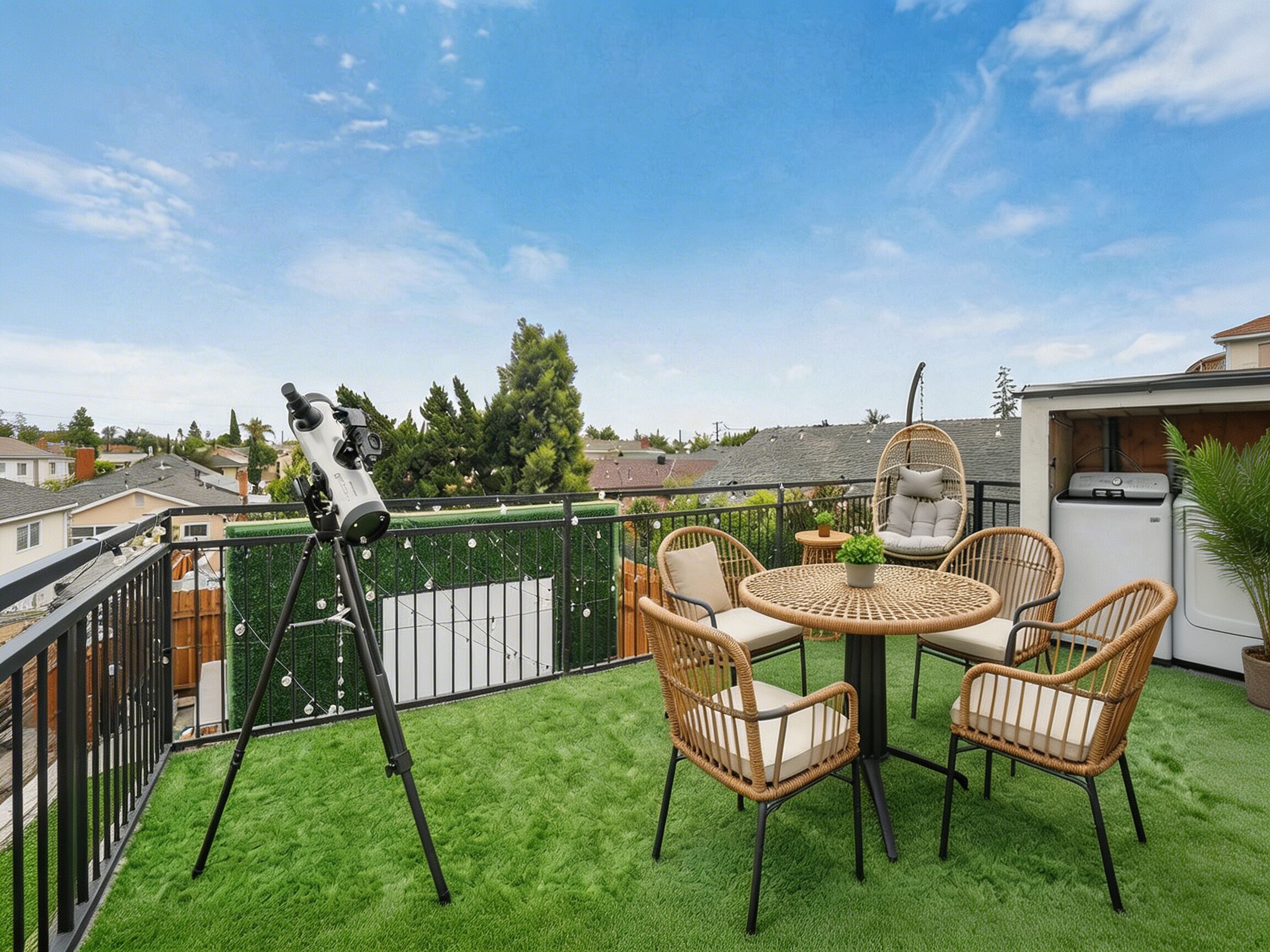 Ein Balkon mit Kunstgrras, einem Teleskop, Korbmöbeln und Blick auf die Nachbarschaft.