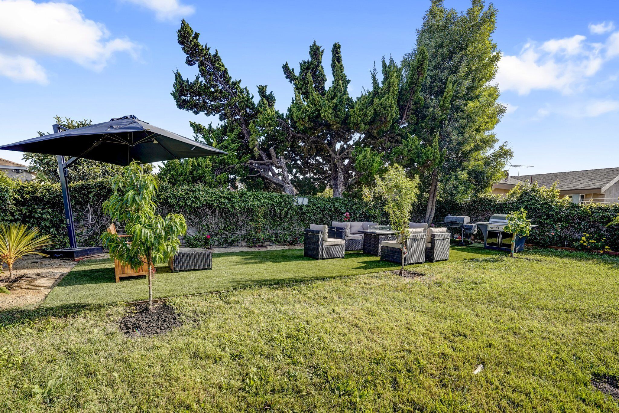 A backyard with a patio area, outdoor furniture, a grill, and a large tree.