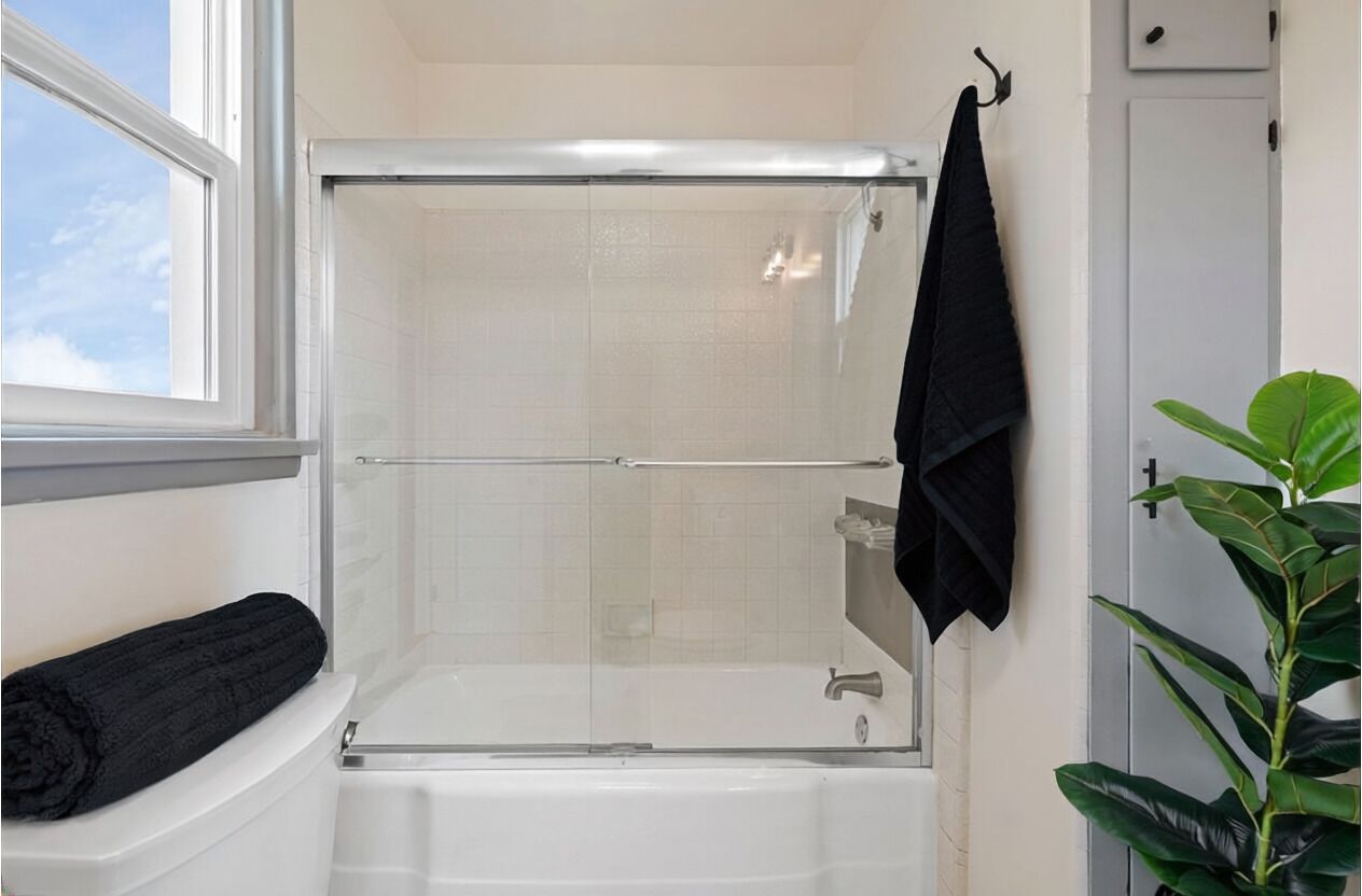 Une salle de bain avec une douche à parois de verre, une baignoire blanche, un porte-serviettes avec une serviette et une plante en pot.