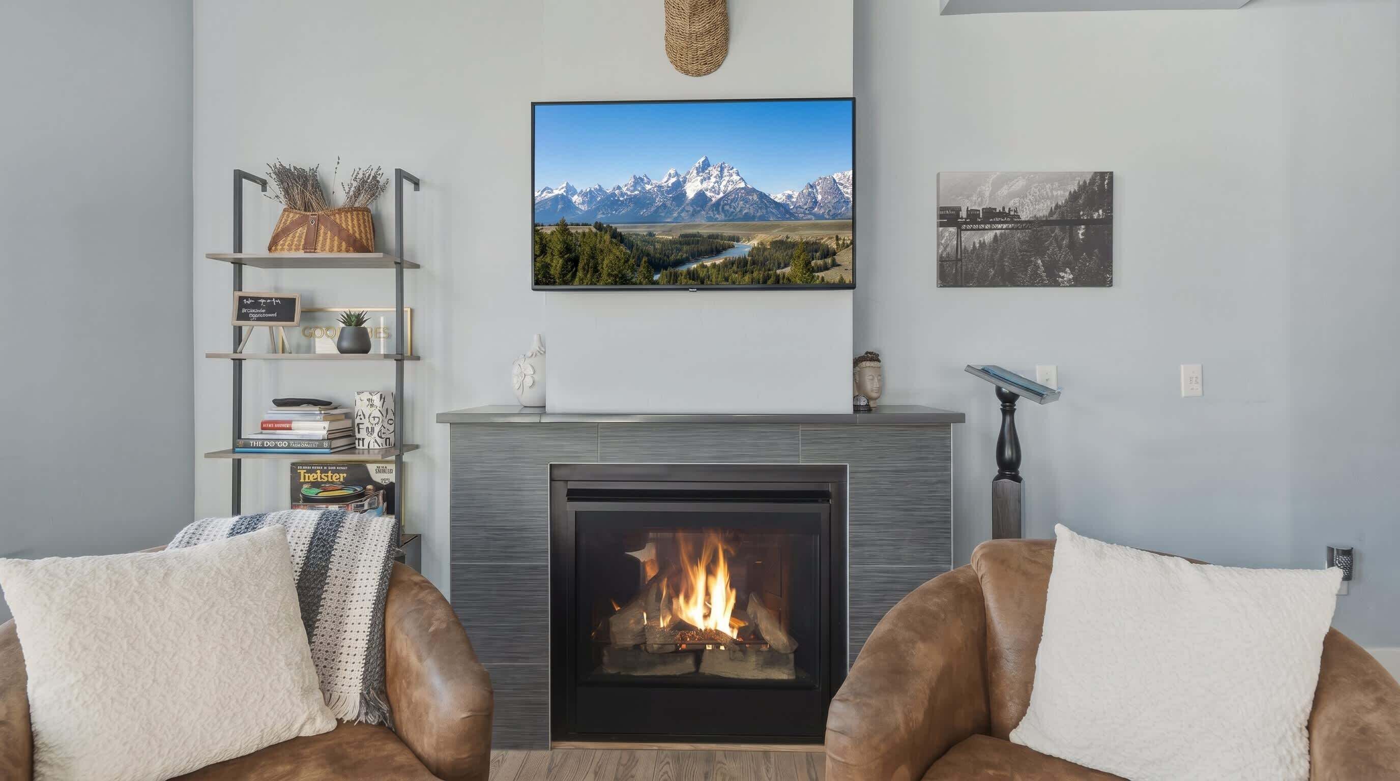 TV, fireplace, foosball, stereo