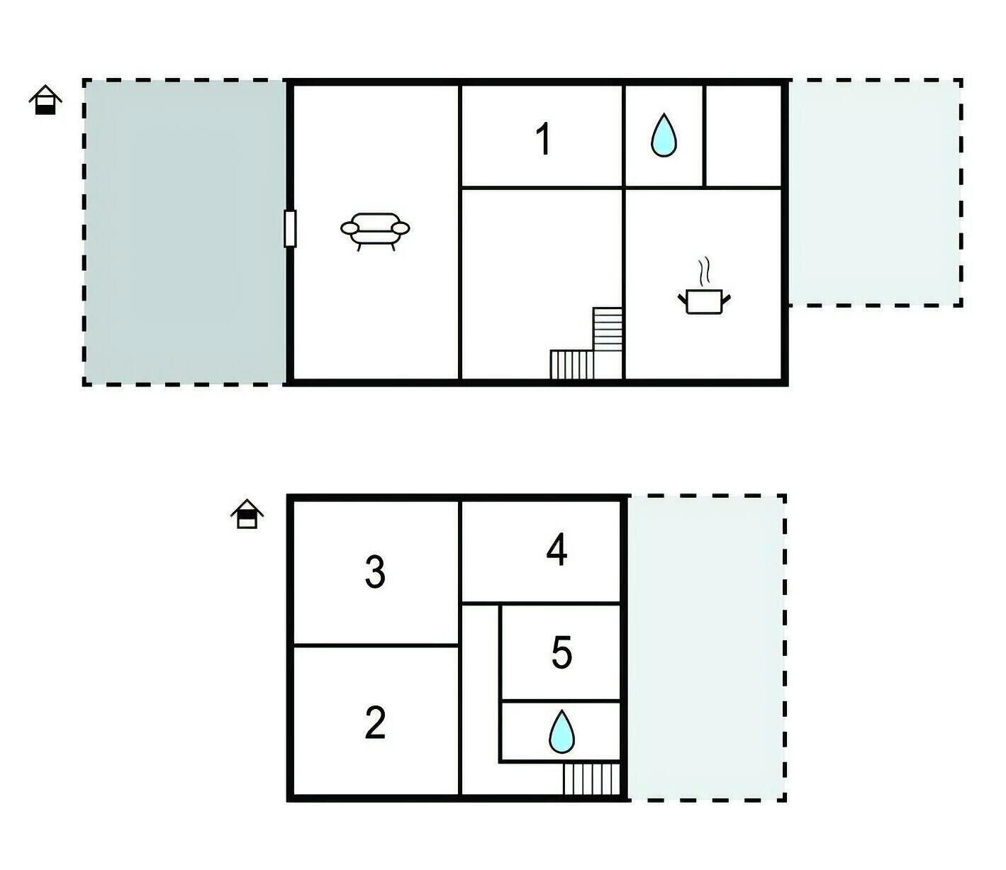 A floor plan with numbered rooms, a bathroom, and a kitchenette.