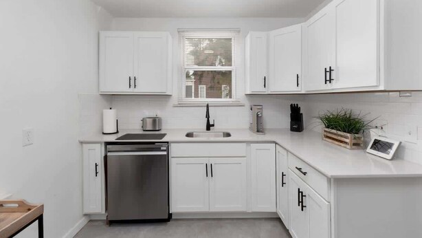 A modern kitchen with white cabinetry, a stainless steel dishwasher, a sink, and a window with blinds.