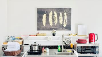 Fridge, microwave, stovetop, electric kettle