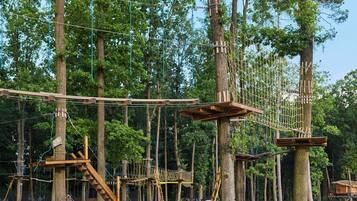 Une zone boisée équipée de structures d’escalade en bois et de cordes.