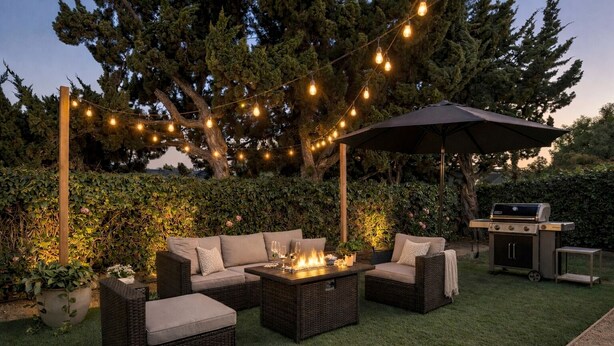 Un patio al aire libre con mobiliario de mimbre, una chimenea, luces colgantes y una parrilla.