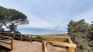 Eine Holzterrasse mit Geländer, mit Blick auf eine Küstenlandschaft mit Bäumen und Meer.