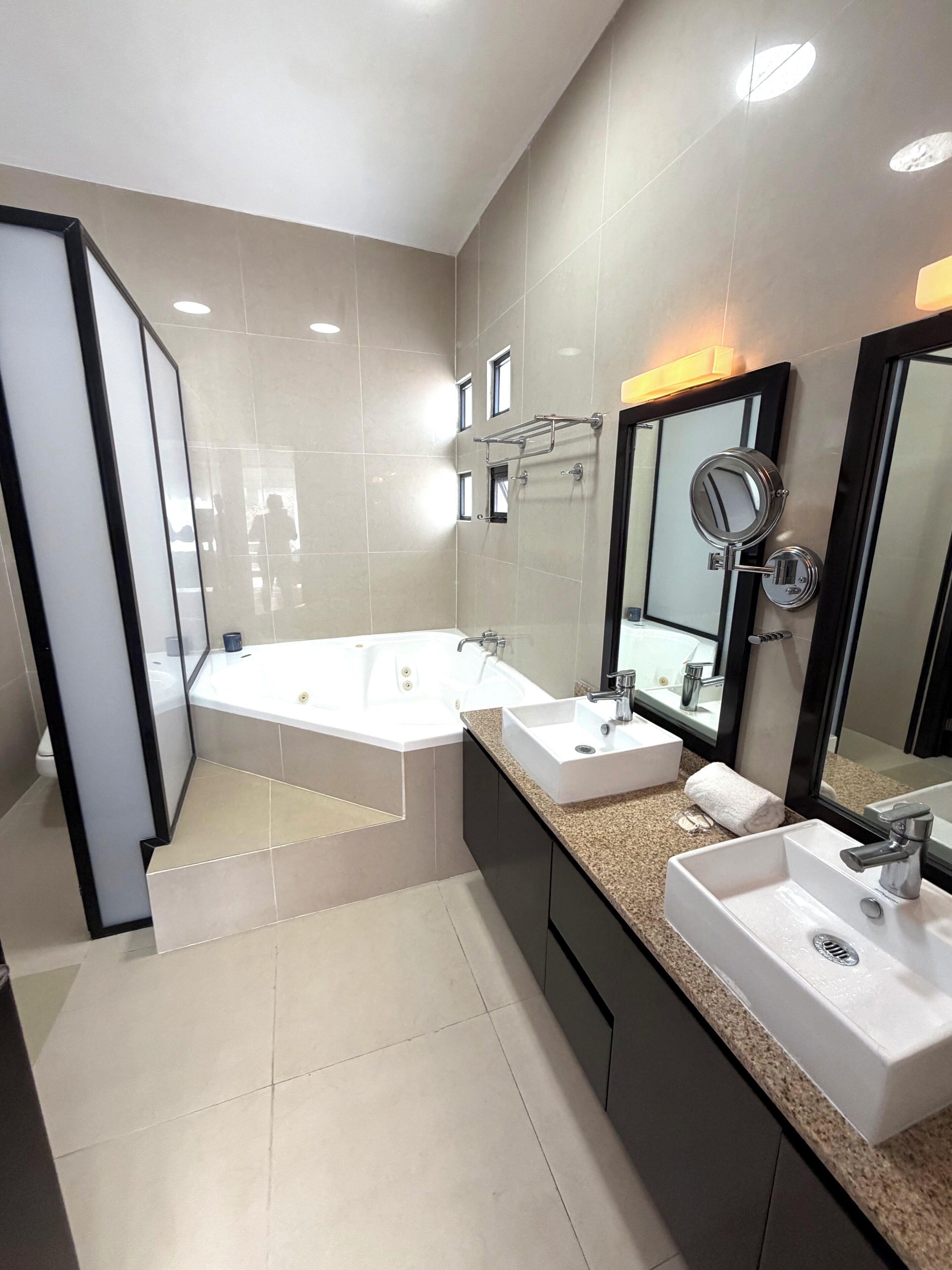 Hair dryer, towels, soap, toilet paper