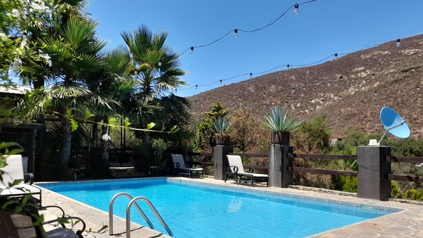 Una piscina con baldosas de piedra, rodeada de sillones de descanso y plantas en macetas, con una antena parabólica e iluminación colgante al fondo.