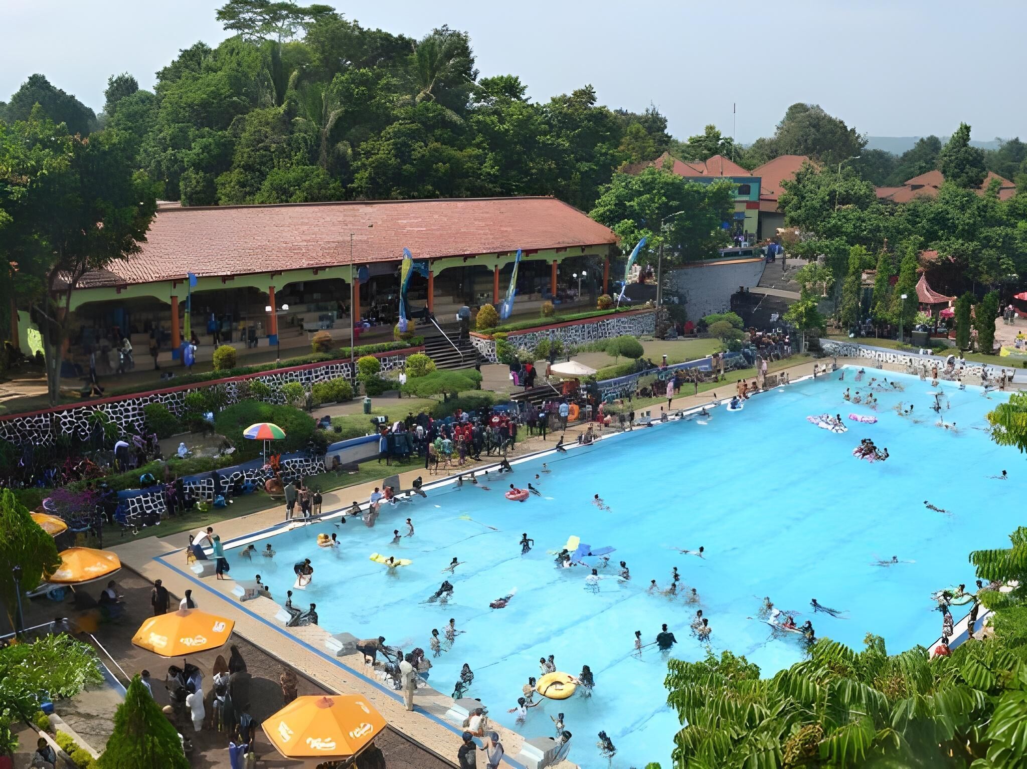 A large swimming pool with people swimming and playing, surrounded by greenery and buildings.