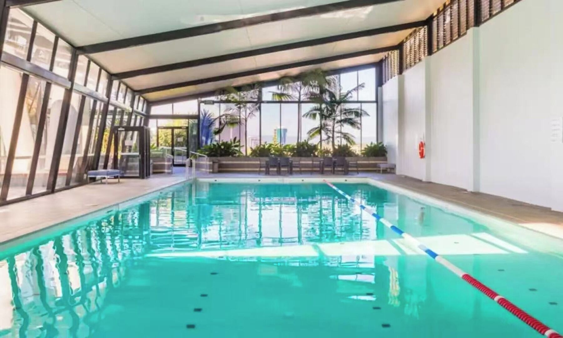 Piscina interna con acqua cristallina, trampolino e vista su palme all'esterno.