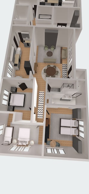 A 3D floor plan of a modern apartment with a kitchen, dining area, two bedrooms, a bathroom, and a living room. - Superb 5-bedroom house with AC in friendly Fort Collins (Fort Collins)