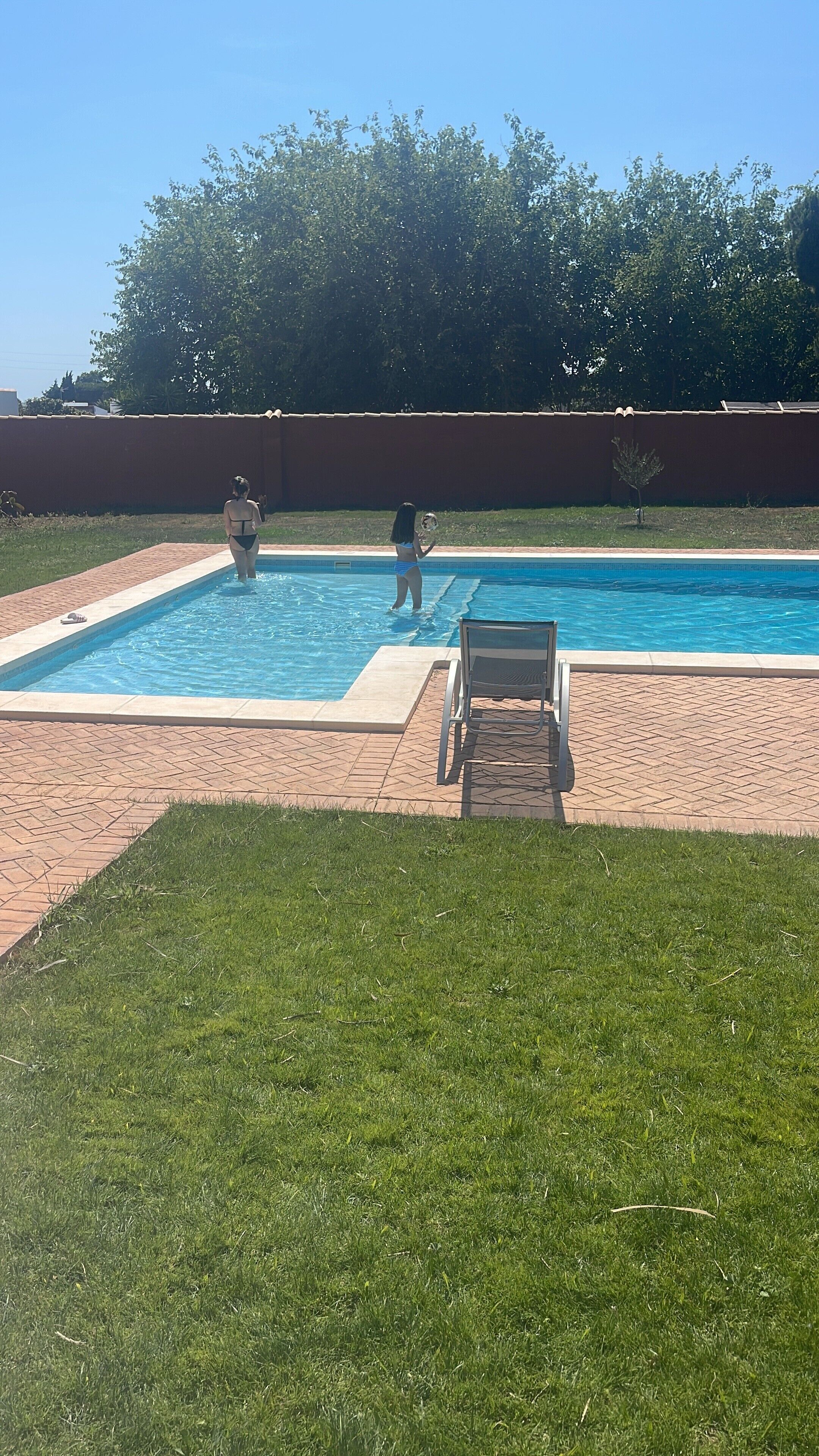 Uma piscina retangular com um deck pavimentado, uma única espreguiçadeira e uma árvore pequena ao fundo.