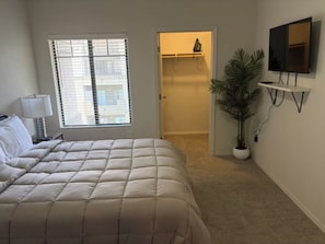 A bedroom with a bed, a window, a closet, a TV, and a potted plant. - Downtown cozy and convenient (Phoenix)