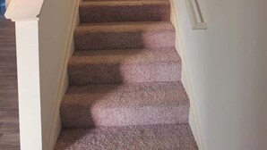 Una escalera alfombrada con barandilla que conduce a una puerta blanca en la parte superior.