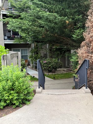 A residential area with a concrete staircase leading to a house, surrounded by greenery and a wooden fence.